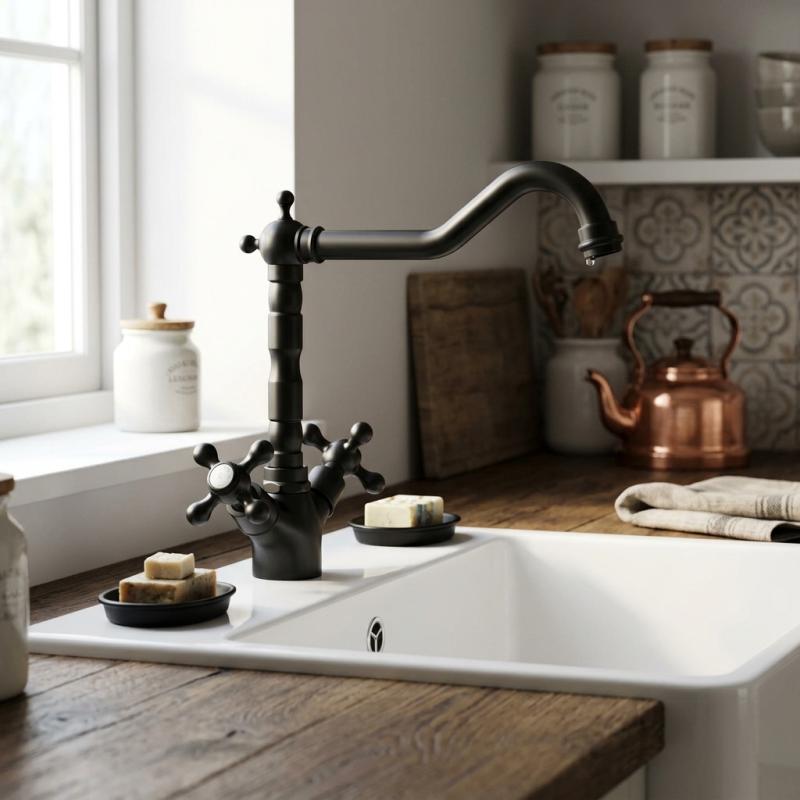 Aquanello Heritage Ascot Klassieke Keuken Nostalgische Keukenkraan Zwart met Haakse Uitloоp BL-4002-HA